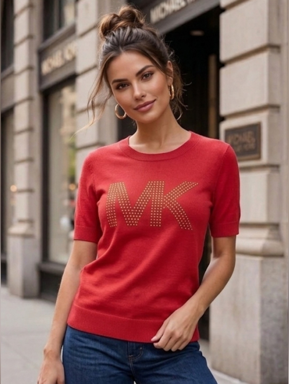 Michael Kors Studded MK Logo Short Sleeve Sweater Top - Size L